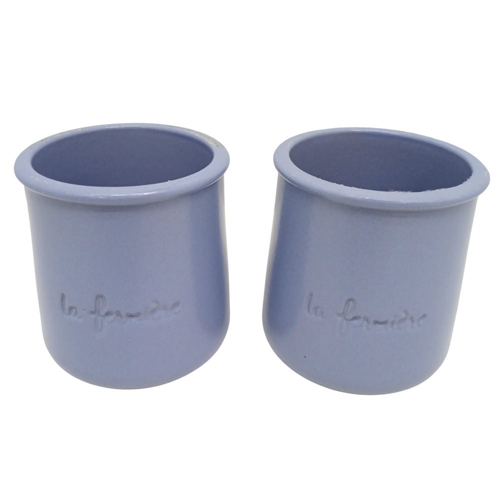 La Fermière French Blue Ceramic Yogurt Jars ~ Set of 2 Terracotta Bottom Pots